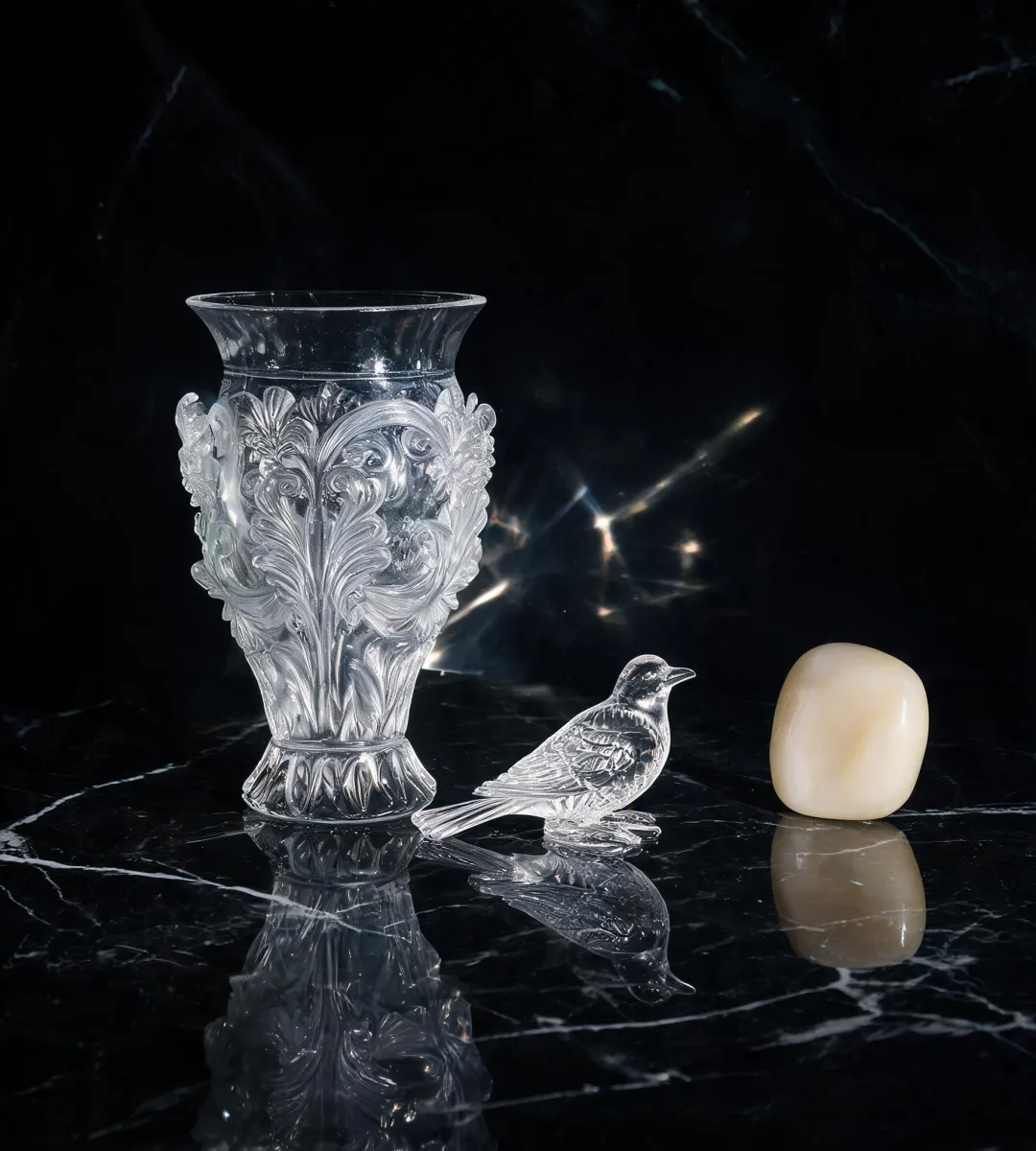 Lalique crystal vase and figurine in editorial light
